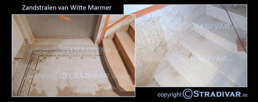 luchtgommen van witte marmer zandstralen sablage sabler marbre
